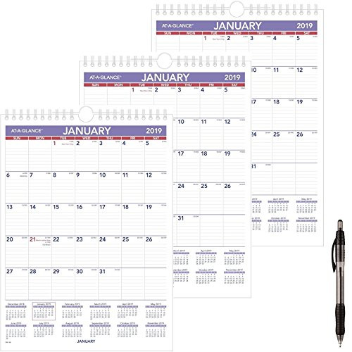 at-A-Glance PM128-18 Monthly Wall Calendar, January 2019 - December 2019, 8" x 11", Wirebound, Mini Size (PM128) 3 Pack - Bundle Includes Black Ballpoint Pen