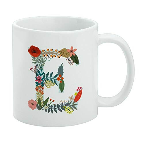 Coffee Cup Mug  Letter E Floral Monogram Initial White Mug 11 oz Ceramic Mugs