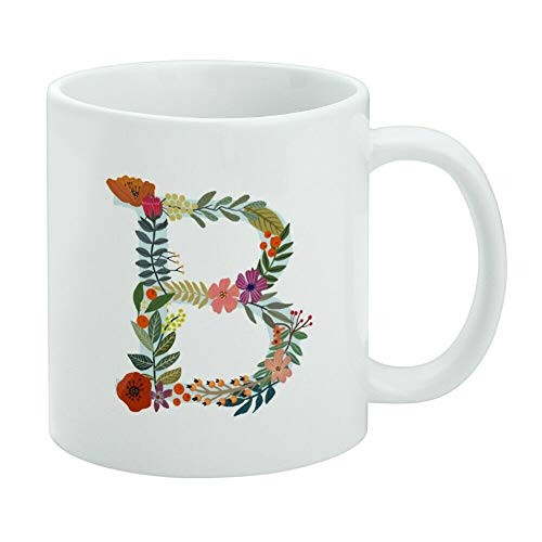 Coffee Cup Mug  Letter B Floral Monogram Initial White Mug 11 oz Ceramic Mugs