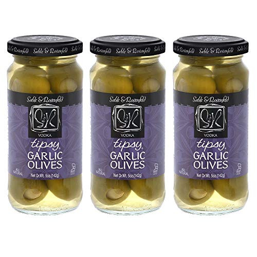 Sable  and  Rosenfeld Cocktail Garnishes _ Earth Kosher _ Vodka Tipsy Garlic Olives _ 3 Pack _5 oz each_