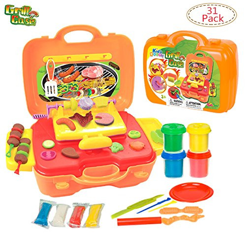 Deardeer 27 Pieces Grill Case Dough Playset Kids DIY Clay Dough Set Pretend Play Toy with 4 Large Cups Clay Dough in a Suitcase (Play Dough Color is Random)