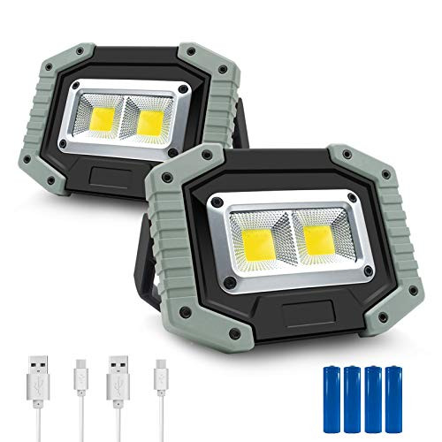 Portable LED Work Light_ 30W 1500LM Rechargeable Waterproof COB Floodlight with Stand Built_in Power for Outdoor Camping Hiking Emergency Car Repairing and Indoor Job Site Lighting _2Pack_