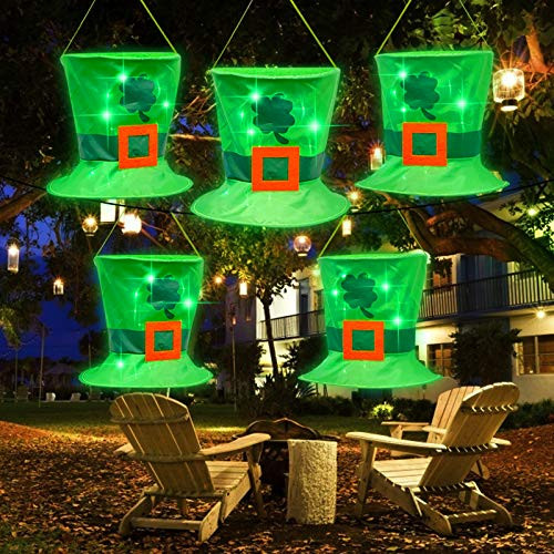 TURNMEON 5Pcs Leprechaun Hat St.Patrick's Day Decorations Lights 14Led Green String Lights Battery Operate St. Patrick's Day Hanging Decoration Outdoor Indoor Home Yard Tree Decor Irish Party