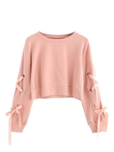 SweatyRocks Women's Casual Lace up Long Sleeve Pullover Crop Top Sweatshirt Solid Pink Large