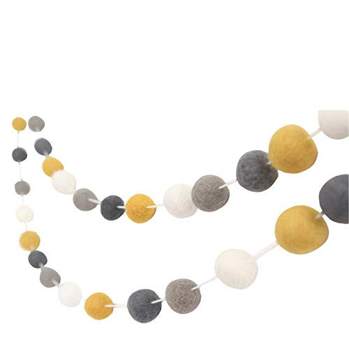 inch Don't Worry_ Be Happy inch  Handmade Felt Ball Garland by Sheep Farm Felt_ Mustard_ Gray_ and White Pom Pom Garland. 2.5 cm balls.