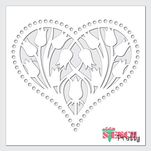 Stencil _ The Lovely Tulip Floral Heart_L _17 inch  x 15 inch __ Ultra Thick Exhibit Grade White Color Material