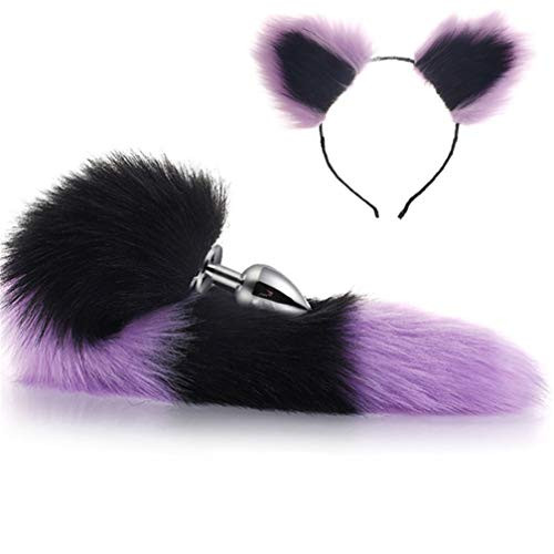 Purple  and  Black Color Interval Three Sizes Fluffy Faux Fox Tail  and  Cat Ears Headband Charms Role Play Costume Party Cosplay Prop _L_