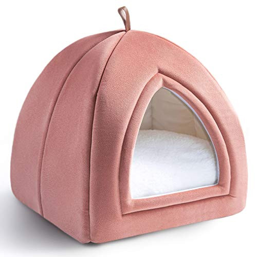 Bedsure Pet Tent Cave Bed for Cats Small Dogs _ 15x15x15 inches 2_in_1 Cat Tent Kitten Bed Cat Hut with Removable Washable Cushioned Pillow _ Microfiber Indoor Outdoor Pet Beds_ Pink