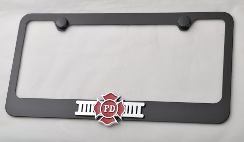 Fire Dept 3d Chrome Emblem on Black Steel License Plate Frame