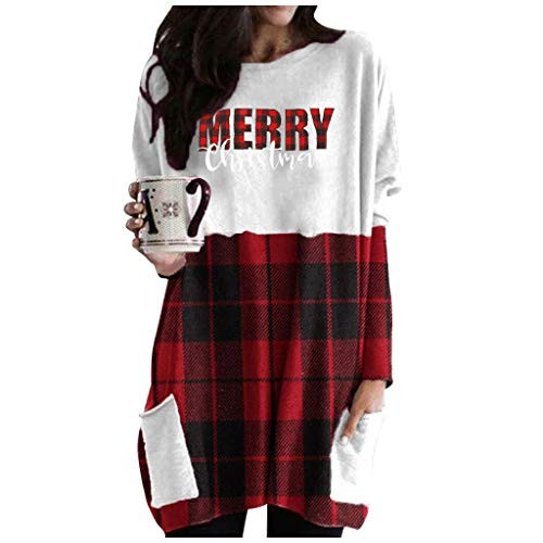 VEZAD Plus Size Women Ugly Christmas Printed Tunic Top Long Sleeve O_Neck Tee T_Shirt Blouse with Pocket