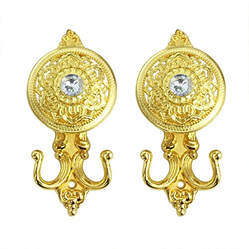 KISENG 1 Pair Clear Crystal Curtain Holdbacks Wall Mounted Tassel Curtain Tieback Hook Multi Use Wall Hook Coat Hanger _F Gold_