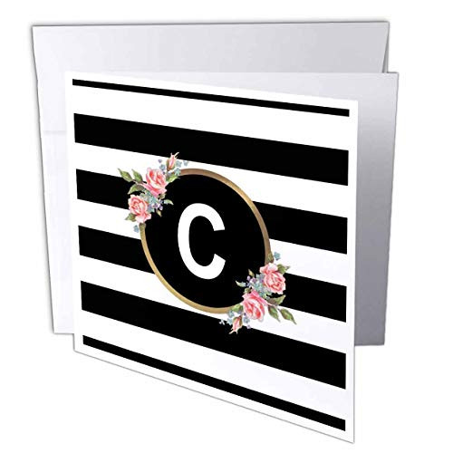 3dRose InspirationzStore _ Monograms _ Floral Letter C Monogram _ Black and White Stripes and Flowers Initial _ 12 Greeting Cards with envelopes _gc_311489_2_