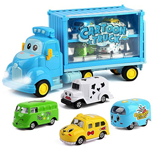 Wemfg Construction Truck Set with Sound and Light_ Transport Cargo Car Toy Play Set_ Play Vehicles in Friction Powered Carrier Truck_ Car Toy Set for 3 4 5 6 7 Years Old Kids Child Boys and Girls Blue