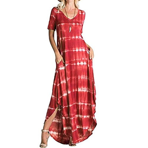 Stripe Dress_Han Shi Womens Casual Split Pocket Short Sleeved Irregular Long Sundress _Red_ L_ Stripe Dress_Han Shi Womens Casual Split Pocket Short Sleeved Irregular Long Sundress _Red_ L_