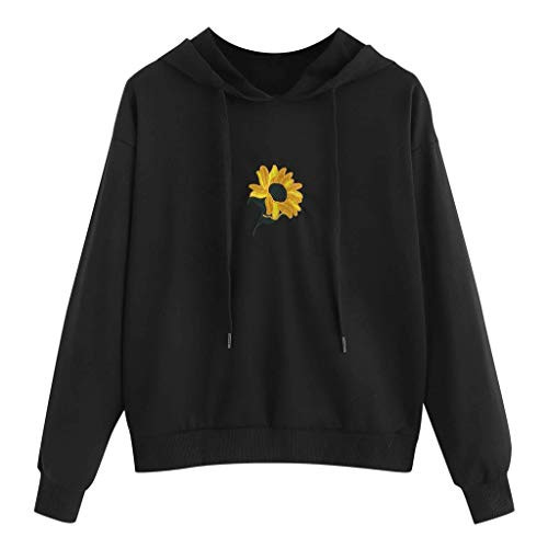F_topbu Casual Hoodies for Women_ Long Sleeve Hooded Sweatshirt Sunflower Embroider Printed Top Shirt Pullover Blouse Black