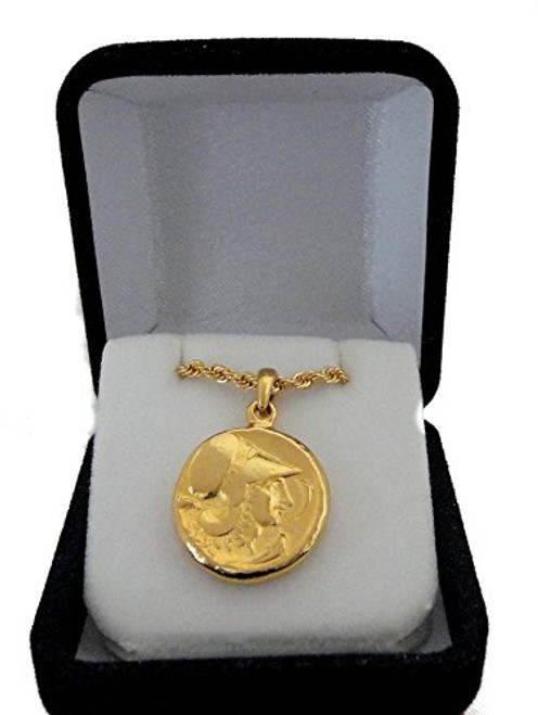 Golden Artifacts Athena  and  Pegasus Winged Horse Greek Coin Pendant  and  Chain_ Unique Gift_ Greek Mythology _2PC_G_