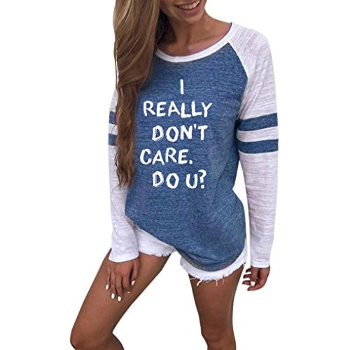 Women's Casual Blouse ''I Really Don t Care Do U'' Printed Long Sleeve T_Shirt O Neck Shirt Tops _S_ Blue_