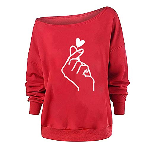 Womens Pullover Sweatshirt ECG Love Printed Shoulder Long Sleeve Slanted T_Shirts Tops YKDIANZI
