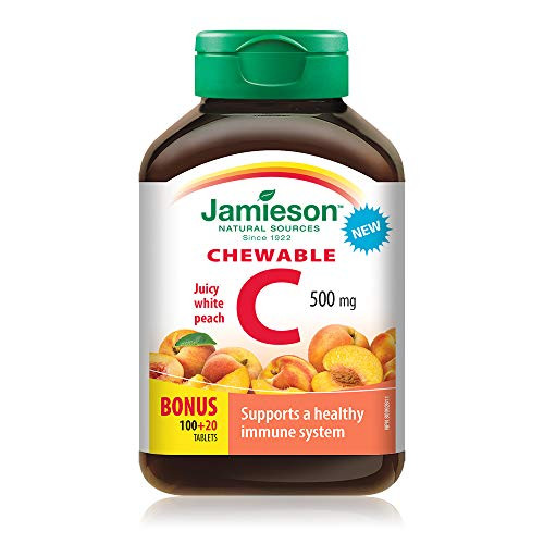 Jamieson Vitamin C Chewable 500 mg _ Juicy White Peach_ 120 tabs Bonus _Imported from Canada_