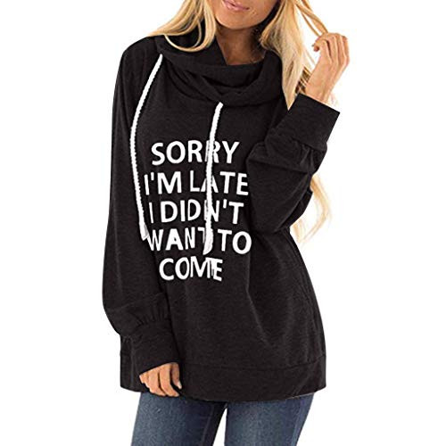 Qvwanle Autumn Womens Casual Hooded Lettle Print Sweatshirt Loose Drawstring Pullover Hoodies _L_ Black_