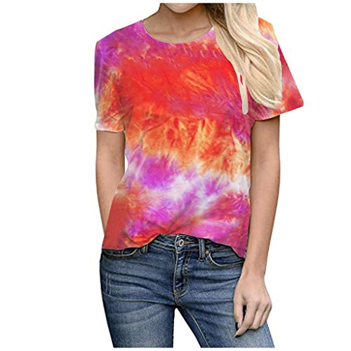 Womens Casual Tie_Dye T Shirt Summer Casual O_Neck Short Sleeve Plus Size Tops Red