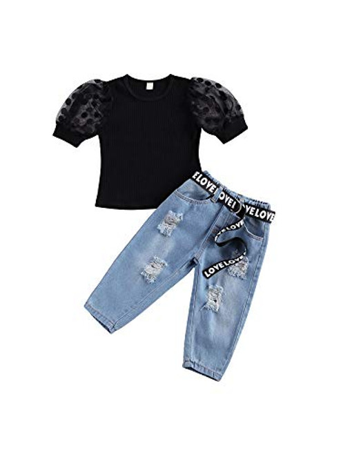 Toddler Baby Girl Ripped Jeans Outfits Halter Sleeveless Crop Top Plus Denim Pants Summer Fall Clothes Set _A_ Polka dot top Denim Pants Suit_ 6_7 Years_