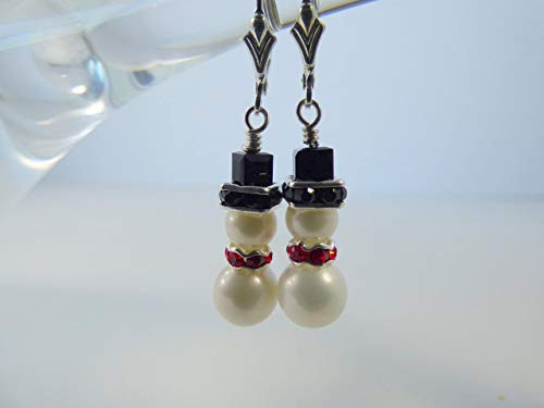 Mother of Pearl_ Rhinestones and Swarovski Christmas Snowman Earrings on Sterling Silver Leverback Ear Wires Mother of Pearl_ Rhinestones and Swarovski Christmas Snowman Earrings on Sterling Silver Leverback Ear Wires