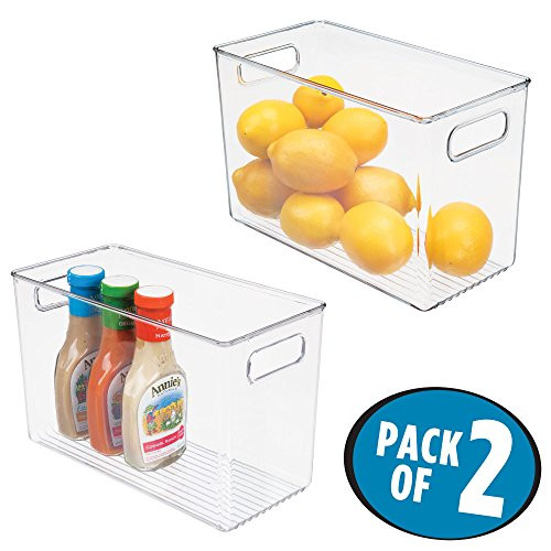 mDesign Plastic Food Storage Container Bin with Handles - for Kitchen, Pantry, Cabinet, Fridge/Freezer - Narrow Organizer for Snacks, Produce, Vegetables, Pasta - BPA Free, Food Safe - 2 Pack, Clear