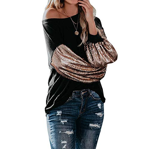 Hemlock Women Sequins Long Sleeve Tops O Neck Waffle Sweater Shirts Color Block Pullover Sweater Blouse Black
