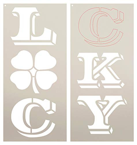 Lucky Tall Porch Stencil with Shamrock by StudioR12 _ 2 Piece _ DIY Large Vertical Irish Clover Home Decor for St. Patrick's Day _ Front Door Entryway _ Craft  and  Paint Wood Leaner Signs _ Size 4ft