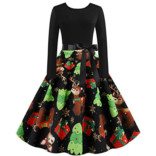 Iusun Women's Christmas Vintage 1950s Flare Dress with Belt Xmas Tree Gift Elk Printed O_Neck Long Sleeve A_Line Evening Party Hepburn Skirt