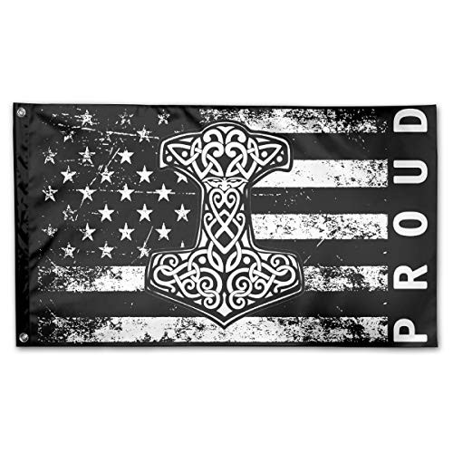 P_flager Proud American Flag with Thor's Hammer Viking Norse Flag 3x5 Ft