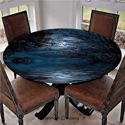 Elastic Edged Polyester Fitted Table Cover_Witchcraft Spell Ceremony Atmosphere Forest Full Moon Branches Image Decorative_Fits up to 36 inch  Diameter Tables_The Ultimate Protection for Your Table_Light B