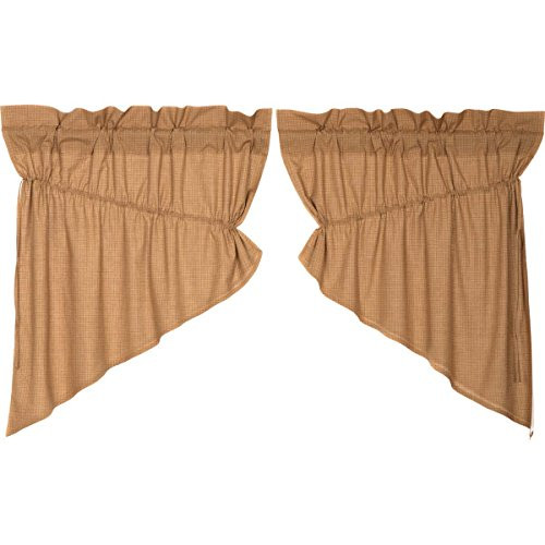 VHC Brands Classic Country Primitive Kitchen Window Curtains - Kindred Star Tan Lined Plaid Prairie Swag Pair