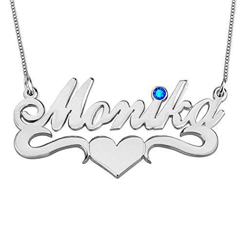 Ouslier 925 Sterling Silver Personalized Birthstone Name Necklace with Heart Custom Made with Any Name _Silver_