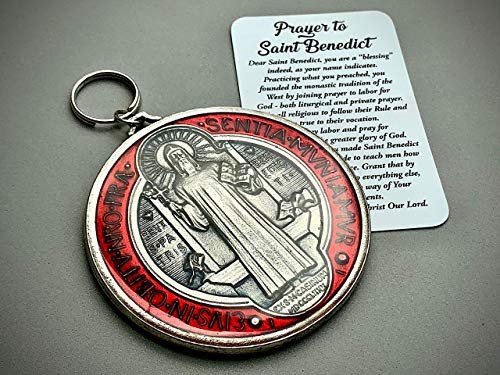 3 Inch St Benedict Medal With Red Resin Silver plated finish With Wallet size prayer Card Medalla De San Benito con resin Roja_ St Benedict Pocket Medallion_