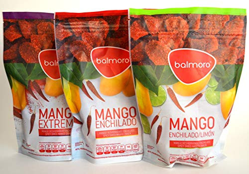 3 pack Spicy Dried Mango Snack. 3 flavors  regular_ extreme and lime _one 8.8 oz   250 gr bag of each_