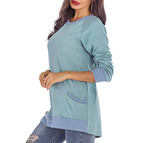 Sayhi Autumn Women's Long Sleeve O_Neck Patchwork Casual Loose T_Shirts Blouse Tunic Tops with Pocket_Green_L_