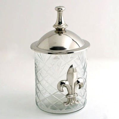 Nickel 6 inch  H Jar with Fleur de Lis Emblem.