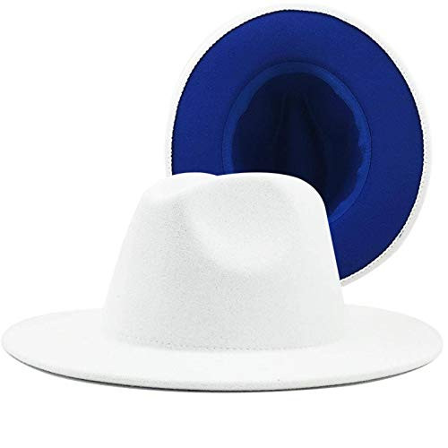 N_C Simple Woolen Hat with White Outside and Blue Inside Hat Ethnic Style Jazz Hat Cashmere Felt Hat