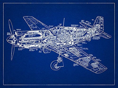 PixiePrints P_51 Mustang Fighter Plane WW2 Aircraft Blueprint_Style Art Print _ 12x16 inch