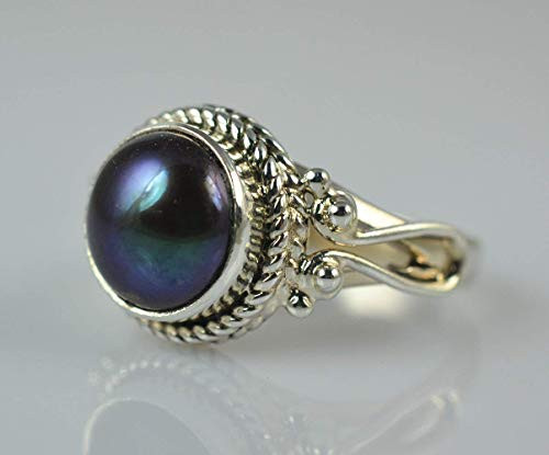 Fresh Water Black Pearl 925 Solid Sterling Silver Handmade Ring Size 3_13 US