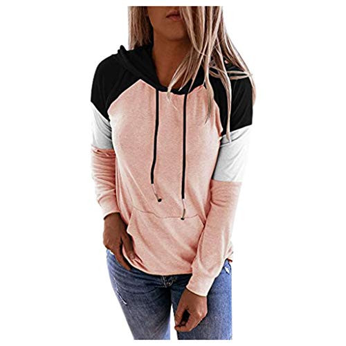 F_topbu Women's Fashion Long Sleeve Hoodies Color Block Pocket Hooded Sweatshirts Casual Loose Pullover Tops Blouse Shirt Pink