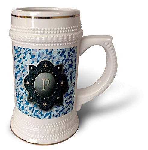 3dRose Letter P_ Image of metal badge over blue camo pattern _ 22oz Stein Mug _stn_326358_1_