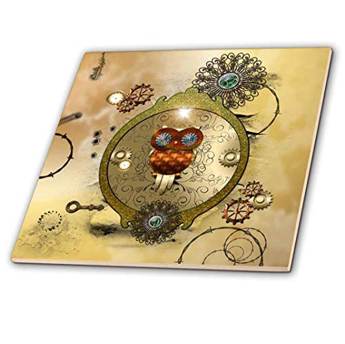 3D Rose Steampunk Cute owl on a Frame with Clocks and Gears Ceramic Tile_ Multicolor