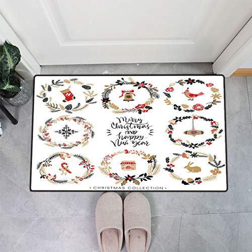 Topodecor Christmas Decor Absorbent Front Doormats_ Wreaths with Calligraphy Hand Drawn Design Elements Inside Dirt Trapper Mats_ 20 inch  W x 31 inch  L