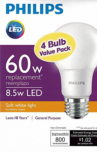 Philips New 60_Watt Equivalent A19 LED Light Bulb Soft White_ 2700K_ 4 Count _Pack of 3_