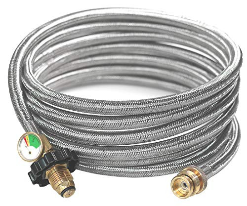 DOZYANT 15 Feet POL Stainless Braided Propane Hose Adapter with Propane Tank Gauge_ 1lb to 20lb Propane Converter Hose for Propane Stove_ Tabletop Grill and More 1lb Portable Appliance