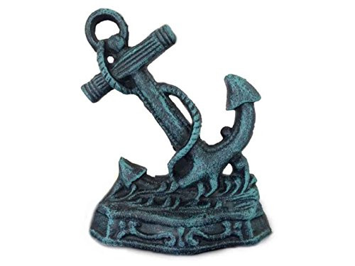 Hampton Nautical Decorative Cast Iron Anchor Door Stopper, 8", Seaworn Blue