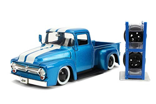 1956 Ford F_100 Pickup Truck Metallic Light Blue with White Stripes and Extra Wheels Just Trucks Series 1 24 Diecast Model Car by Jada 31541